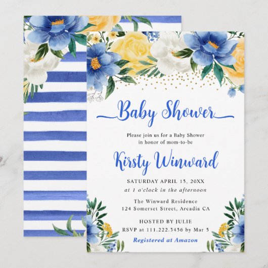Boho Blue en Yellow Summer Flowers Baby shower Kaart (Voorkant / Achterkant)