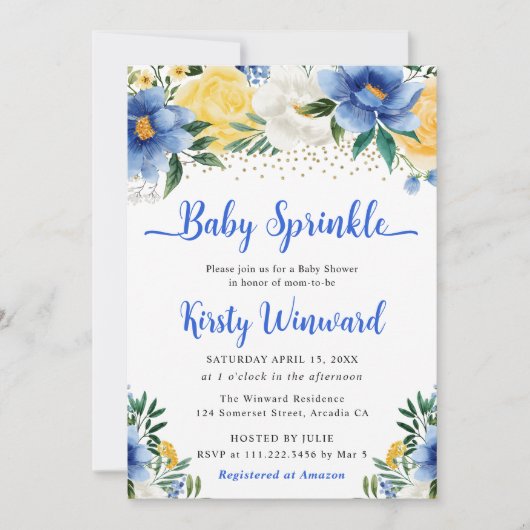 Boho Blue en Yellow Summer Flowers Baby Sprinkle Kaart (Voorkant)