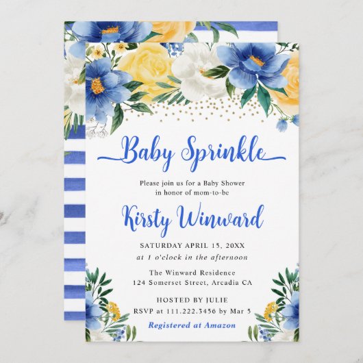 Boho Blue en Yellow Summer Flowers Baby Sprinkle Kaart (Voorkant / Achterkant)