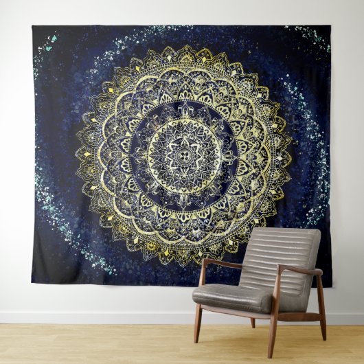 Boho Blue en Yellow Yoga Mandala Wall Hanging Wandkleed (In Situ (horizontaal))