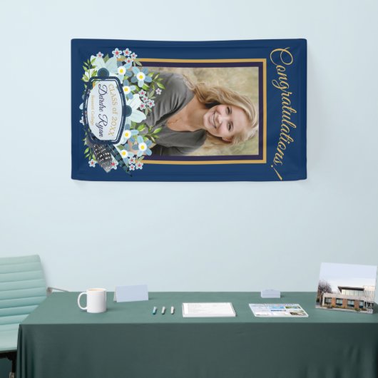 Boho Blue Floral Afstuderen Gefeliciteerd Spandoek (Beurs)
