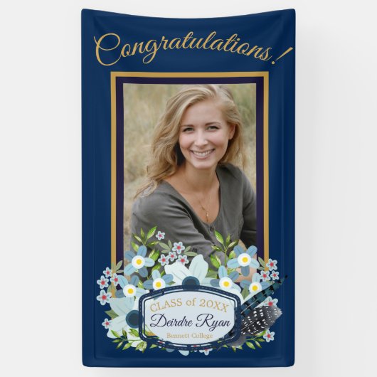 Boho Blue Floral Afstuderen Gefeliciteerd Spandoek (Verticaal)