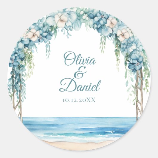 Boho Blue Floral Arch Beach bruiloft Ronde Sticker (Voorkant)