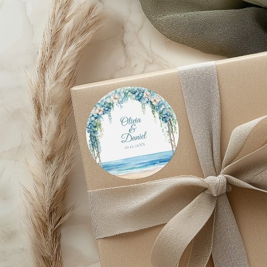 Boho Blue Floral Arch Beach bruiloft Ronde Sticker