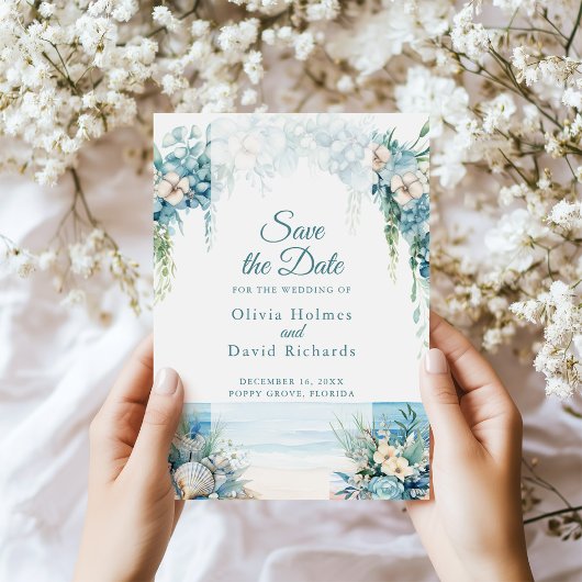 Boho Blue Floral Arch Beach Save the Date Kaart