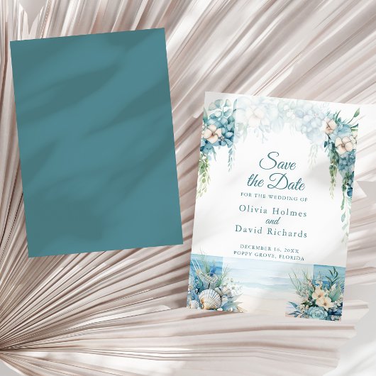 Boho Blue Floral Arch Beach Save the Date Kaart