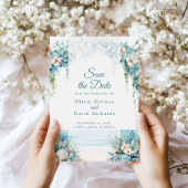 Boho Blue Floral Arch Beach Save the Date Kaart