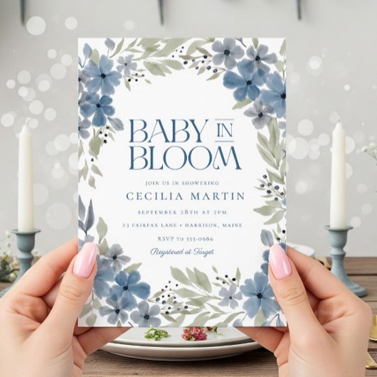 Boho Blue Floral Baby in Bloom Boy Baby shower Kaart