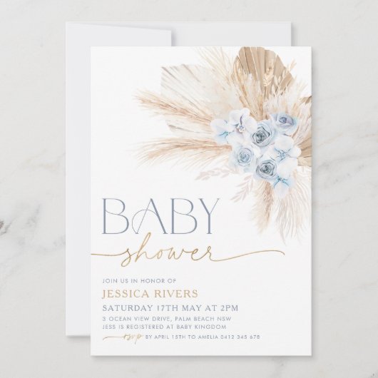 Boho Blue Floral Baby shower Invitation Floral Boy Kaart (Voorkant)