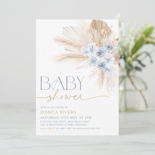 Boho Blue Floral Baby shower Invitation Floral Boy Kaart (Staand voorkant)