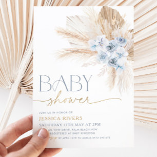 Boho Blue Floral Baby shower Invitation Floral Boy Kaart