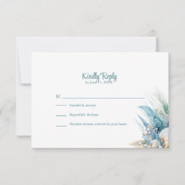 Boho Blue Floral Beach and Shell Wedding RSVP Card