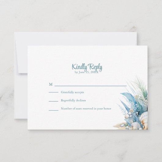 Boho Blue Floral Beach and Shell Wedding RSVP Card (Voorkant)