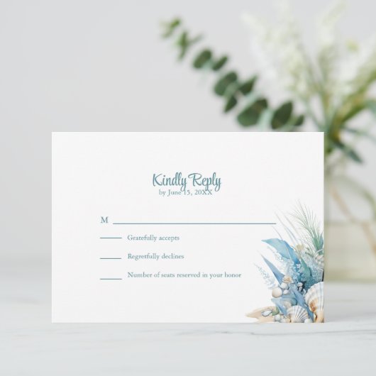 Boho Blue Floral Beach and Shell Wedding RSVP Card (Staand voorkant)