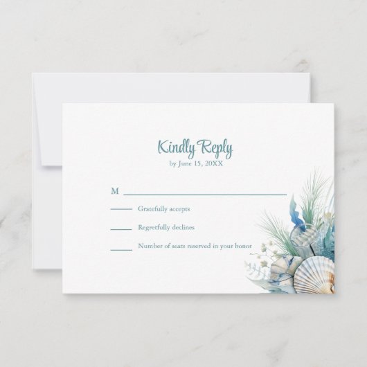 Boho Blue Floral Beach and Shell Wedding RSVP Card (Voorkant)