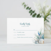 Boho Blue Floral Beach and Shell Wedding RSVP Card (Staand voorkant)
