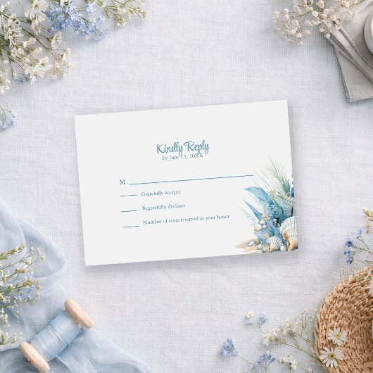 Boho Blue Floral Beach and Shell Wedding RSVP Card Kaartje