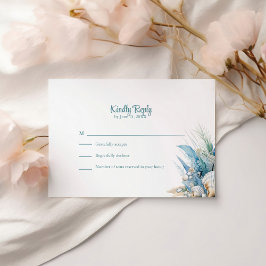 Boho Blue Floral Beach en Shell Wedding RSVP Kaart