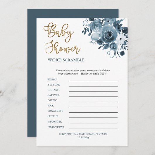 Boho Blue Floral Boy Baby shower Word Scramble Kaart (Voorkant / Achterkant)