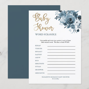 Boho Blue Floral Boy Baby shower Word Scramble Kaart