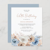 Boho Blue Floral Budget 60th Birthday Invitation (Voorkant / Achterkant)