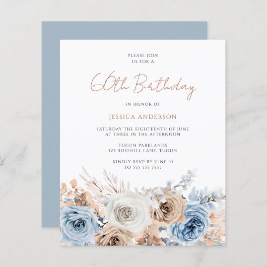 Boho Blue Floral Budget 60th Birthday Invitation (Voorkant / Achterkant)