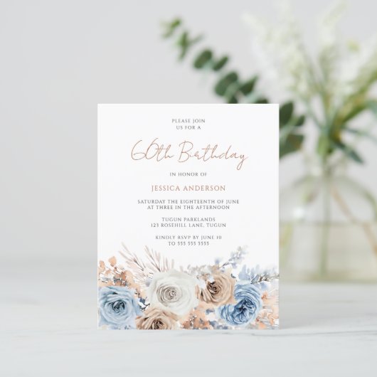 Boho Blue Floral Budget 60th Birthday Invitation (Staand voorkant)