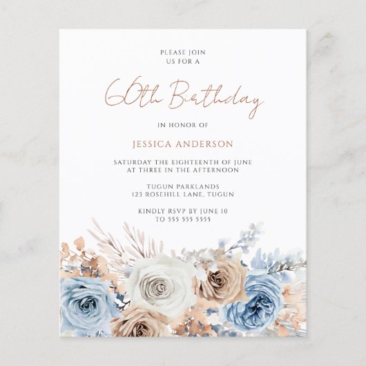 Boho Blue Floral Budget 60th Birthday Invitation (Voorkant)
