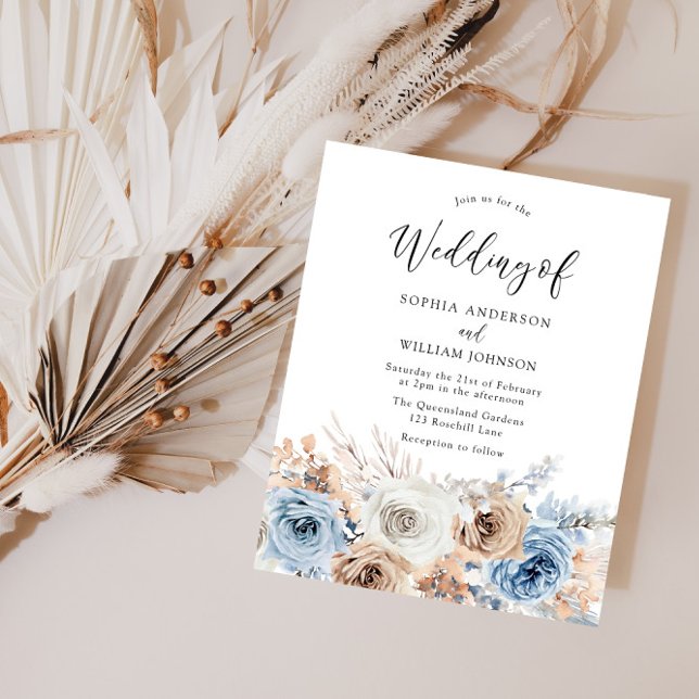 Boho Blue Floral Budget Wedding Invitation (Creator heeft geüpload)