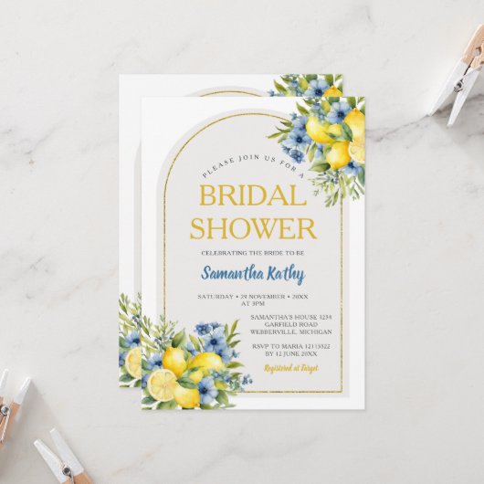 Boho Blue Floral Citrus Lemonade Vrijgezellenfeest Kaart (Voorkant / Achterkant in situ)