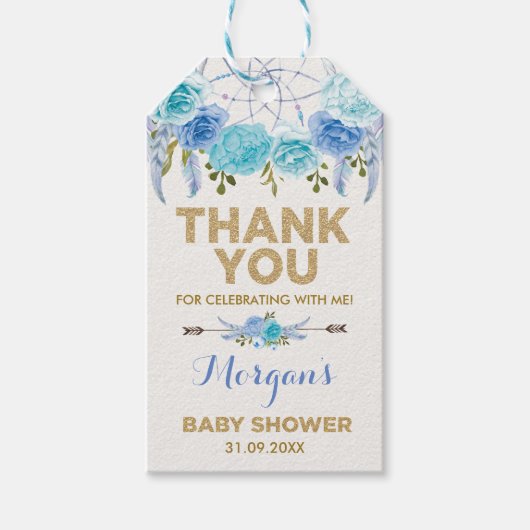 Boho Blue Floral Dreamcatcher Baby shower Favoriet Cadeaulabel (Voorkant)