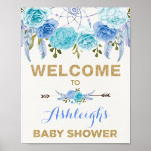 Boho Blue Floral Dreamweaver Baby shower Welkom Poster