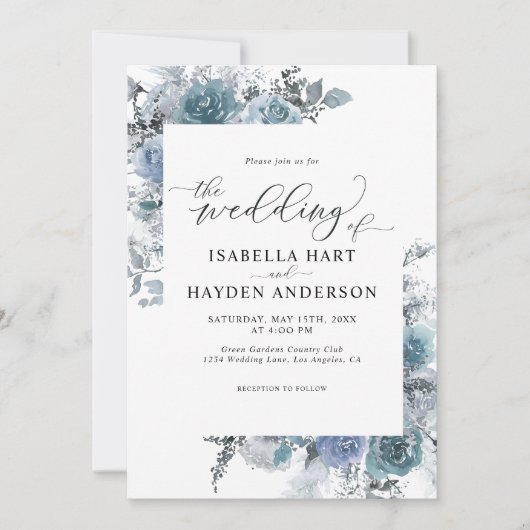 Boho Blue Floral Dusty Slate Pastel Wedding Invita Kaart (Voorkant)