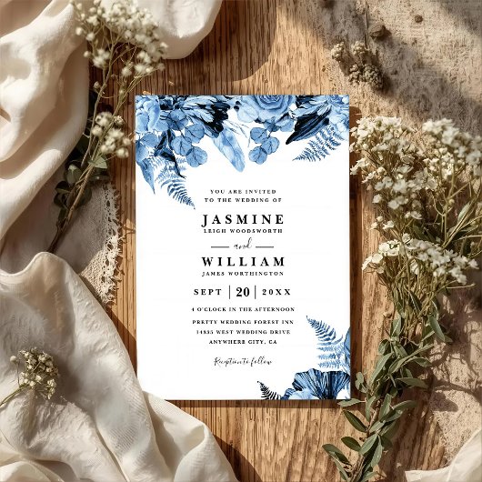 Boho Blue Floral Elegant Modern QR Code Wedding Kaart
