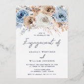 Boho Blue Floral Engagement Party Silver Folie Uitnodiging (Voorkant)