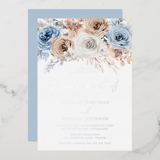 Boho Blue Floral Engagement Party Silver Folie Uitnodiging (Voorkant / Achterkant)