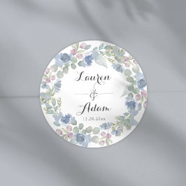 Boho Blue Floral & Eucalyptus Wreath Wedding Ronde Sticker
