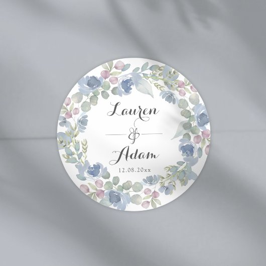 Boho Blue Floral & Eucalyptus Wreath Wedding Ronde Sticker