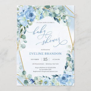 Boho Blue Floral Gold Geometric Boy Baby shower Kaart