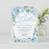 Boho Blue Floral Gold Geometric Brunch en Bubble Kaart (Staand voorkant)