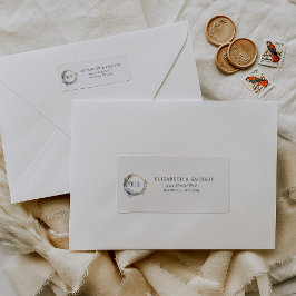 Boho Blue Floral Monogram Wedding Return Address Etiket