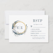 Boho Blue Floral Moon Monogram Wreath Wedding RSVP Kaartje (Voorkant)
