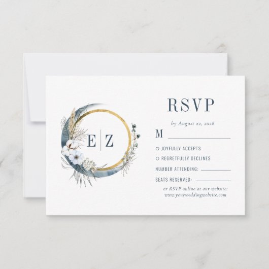 Boho Blue Floral Moon Monogram Wreath Wedding RSVP Kaartje (Voorkant)