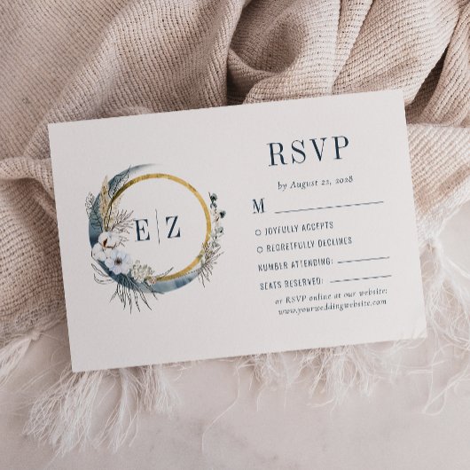 Boho Blue Floral Moon Monogram Wreath Wedding RSVP Kaartje