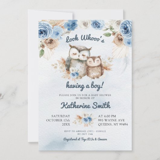 Boho Blue Floral Owl Baby shower Kaart (Voorkant)