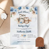 Boho Blue Floral Owl Baby shower Kaart