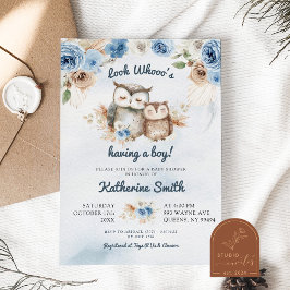 Boho Blue Floral Owl Baby shower Kaart