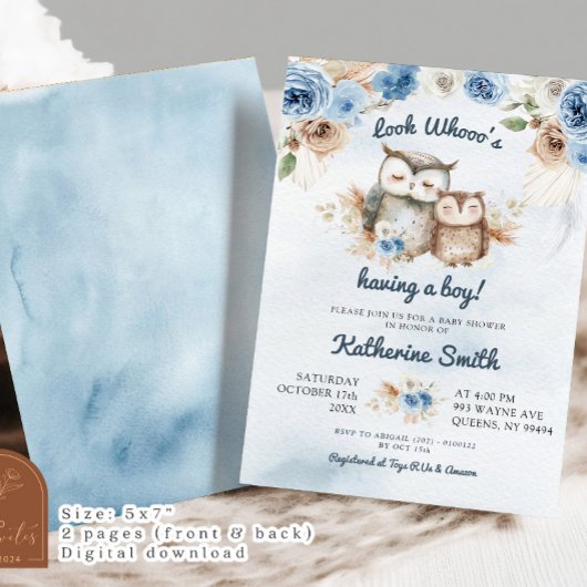 Boho Blue Floral Owl Baby shower Kaart