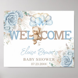 Boho Blue Floral Pampas Beer Baby shower Welkom Poster