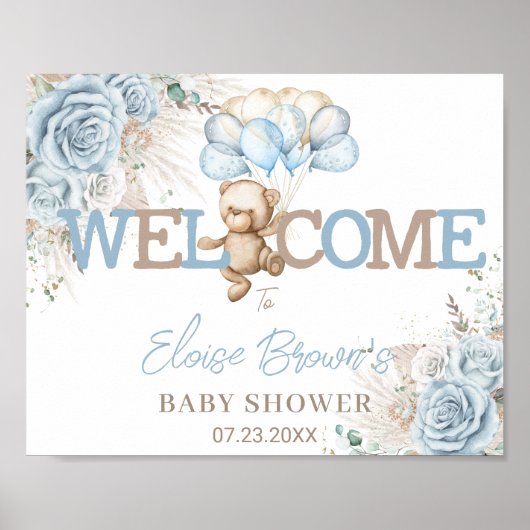 Boho Blue Floral Pampas Beer Baby shower Welkom Poster (Voorkant)